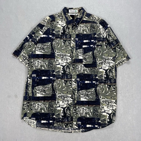 Columbia Mens Button Down Pocket Shirt Fish Fossil All Over Print Cotton Sz L - Picture 2 of 8